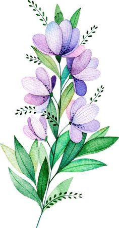 watercolor painting of purple flowers and green leaves