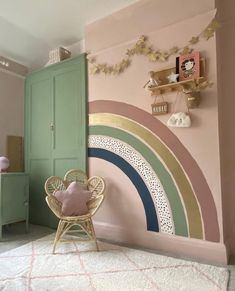 a child's room decorated in pastel colors