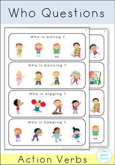 an action verbs worksheet with the words who is asking and what is happening