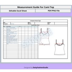 the measurement guide for cami tops is shown in this document, which shows how to measure