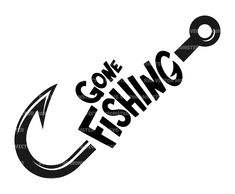 the gone fishing logo is shown in black and white, with an arrow on it