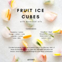 Change up the flavor and add a pop of color to your next chilly beverage with these fruity essential oil ice cubes. Lavender Essential Oil Uses, Fruit Ice Cubes, Wild Orange Essential Oil, Cooking With Essential Oils, Helichrysum Essential Oil, Summer Lemonade, Doterra Lavender, Essential Oil Combinations, Doterra Essential Oils Recipes