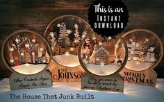 three snow globes with christmas lights on them and the words, this is an instant download