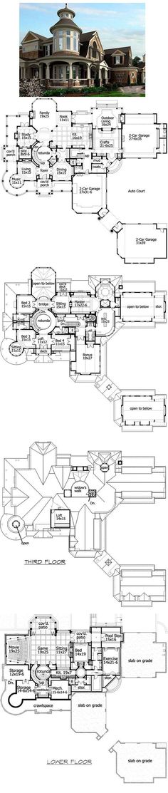 architectural drawings showing different sections of the house and floor plans for each section of the house