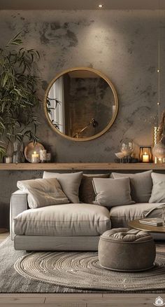 a living room filled with furniture and a round mirror on the wall above it's headboard