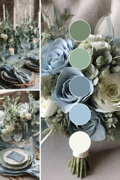 the table is set with blue and white flowers, greenery, candles and plates