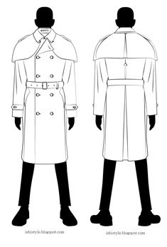 the back and side view of a man in a trench coat, standing next to another man