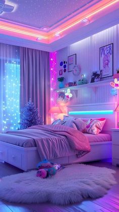 a bedroom decorated in pink and purple with lights on the ceiling, bedding and rugs