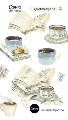 an open book and two cups of coffee on top of each other with the words canvas elements