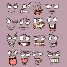 cartoon faces with different expressions and expressions in the form of eyes, mouth and tongue