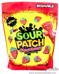 sour patch strawberry flavored gummy bears are in the bag, with sprinkles on them