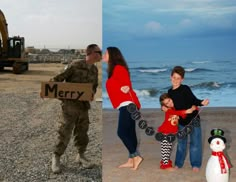 there are two pictures with people and a snowman in front of the ocean, one is holding a sign that says merry