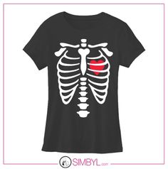 a women's t - shirt with a skeleton and red heart on the chest