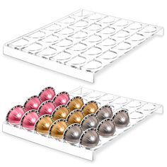 two trays filled with different colored eggs