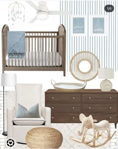 a baby's nursery room with blue and white striped wallpaper, rocking chair, dresser