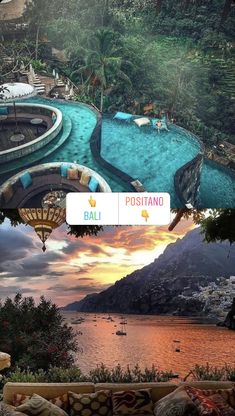 an outdoor swimming pool surrounded by lush green trees and mountains, with the sun setting in the background