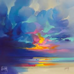 an abstract painting of colorful clouds over the ocean