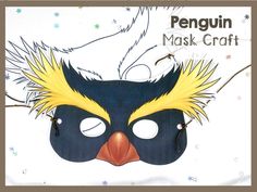 a penguin mask with yellow feathers on it's head and the words penguin mask craft