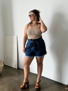 Plus Size Denim Tie Belt Shorts Plus Size Bottoms -2020AVE Denim Tie, Stretchy Shorts, Paper Bag Shorts, Plus Size Denim, Belted Shorts, Belt Tying, Tie Belt, Medium Blue, Paper Bag