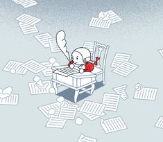 an elephant laying on top of a table surrounded by papers flying in the air above it