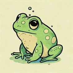 a green frog sitting on the ground with bubbles