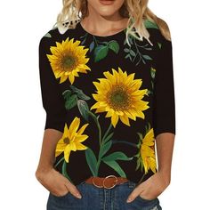 Womens Fashion Casual Three Quarter Sunflower Print Tops T-shirt Blouse Features: 1.Features:O-Neck,Casual,Three Quarter,Sunflower Printed,Tops Blouse,Stylish and fashion design,Summer casual Tops 2.Material:Polyester,Made from fabric, lightweight soft and comfortable. 3.The special Sunflower Printed design makes it more Casual and attractive to wear. 4.Occasion: Beach,Casual,Daily, Birthday,Dating, Dance Performance,Party, At home Vacationand more. Suit for Summer and Spring. 5.Style:Perfect as Sunflower Blouses, Suit For Summer, House Wear, London Fashion Week Street Style, London Fashion Weeks, Legging Pants, Comfy Shirts, Casual Summer Tops, London Street Style