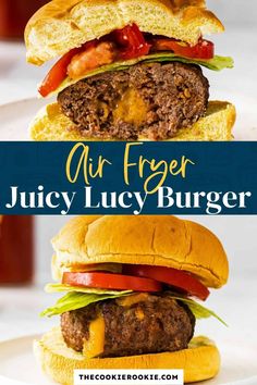 two hamburgers stacked on top of each other with the words air fryer juicy burger