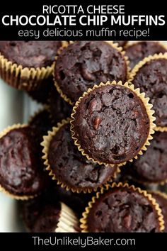 chocolate chip muffins stacked on top of each other with the title in the middle