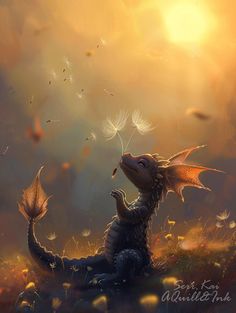 a dragon sitting on top of a grass covered field next to dandelions in the sky