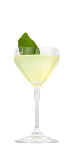 a glass filled with white wine and a green leaf on the rim, sitting on a white surface