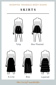 the concept wardrobe | A selection of great skirt styles for the inverted triangle body shape. Flaring styles and detailed skirts work best for this body shape. Inverted Triangle Outfits Aesthetic, Pear Body Shape Outfits