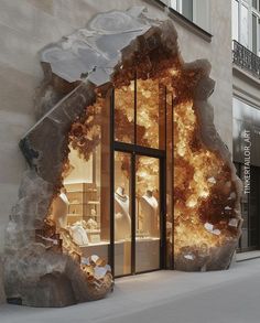 a store window with large rocks in front of it and lights shining through the windows