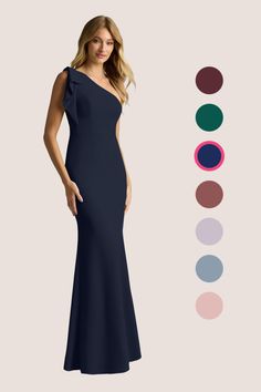 Style your leading ladies in the Rinna bridesmaid dress for a bold and modern look. Cut from crepe, she features a one-shoulder strap adorned with a dramatic bow. The mermaid skirt gives an added touch of sophistication. Dark Navy Bridesmaid Dress, Navy Bridesmaid Dress, Dark Navy Bridesmaid Dresses, Navy Bridesmaids, Shoulder Stretch, Mermaid Skirt, Stretch Crepe, Dark Navy, Bridesmaid Dress