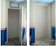 before and after pictures of a closet with paint on the walls