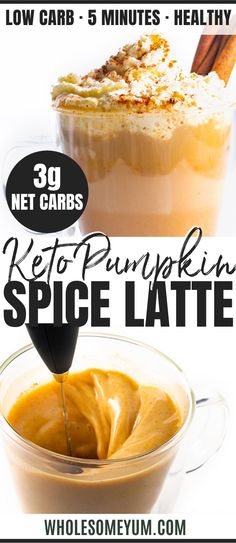 the recipe for keto pumpkin spice latte is shown in three different pictures with text overlay