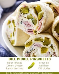 a plate with some food on it and the words dill pickle pinwheels