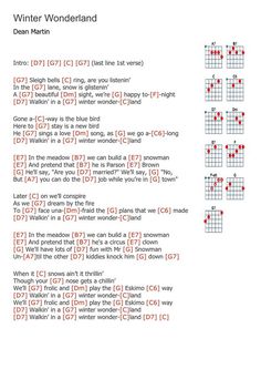 the guitar chords for winter wonderland are arranged in red and white, with black dots on them