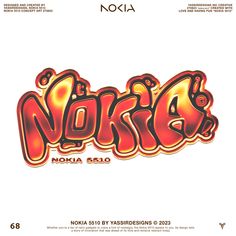 an advertisement for nokia with the words nokia in red and yellow letters on white background