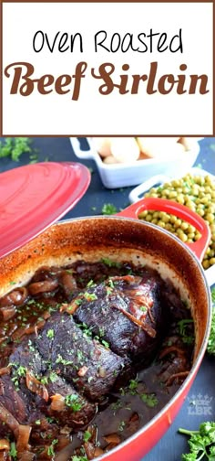 an ovened beef dish in a red casserole with mushrooms and green beans