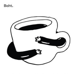 a black and white drawing of a coffee cup with two cats on it's side