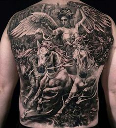 the back of a man's body with tattoos on it, and an image of two