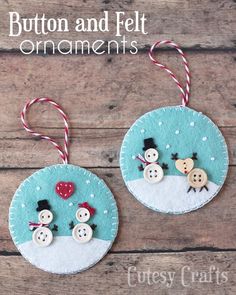 two buttons and felt ornaments are hanging on a wooden surface with text overlay that says button and felt ornaments