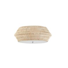 the light fixture is made out of wicker and has a white glass diffuser