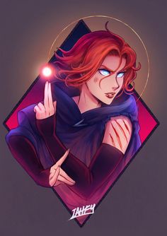 an illustration of a woman with red hair and blue eyes holding a light up in her hand