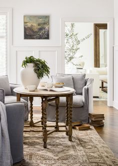 a living room filled with furniture and a potted plant on top of a table