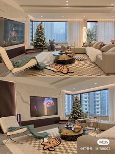 two pictures of a living room with christmas trees on the wall and television in the middle