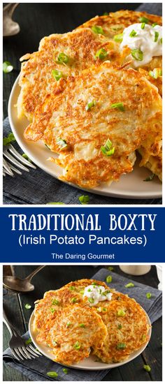 the traditional boxty fish pate pancakes are served with sour cream and scallions