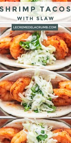 shrimp tacos with slaw and cilantro sauce on top, served in tortilla shells