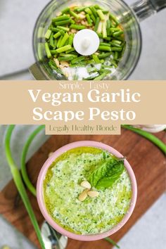 the ingredients for vegan garlic scape pest in a food processor and on a cutting board