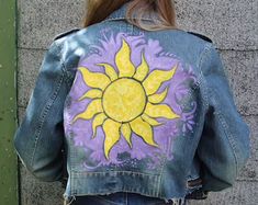 Denim Jacket Painted, Hand Painted Denim Jacket, Painted Denim Jacket, Painted Jacket, Painted Denim, Tangled, Acrylic Paint, High Gloss, Repellent